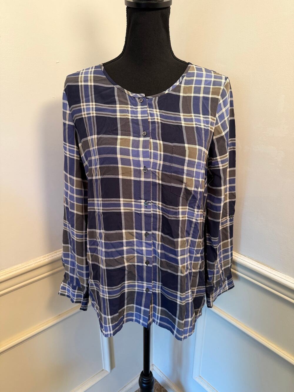 Joie 100% Silk Plaid Button Blouse Long Sleeve Blue Olive Gray Old Money Luxury